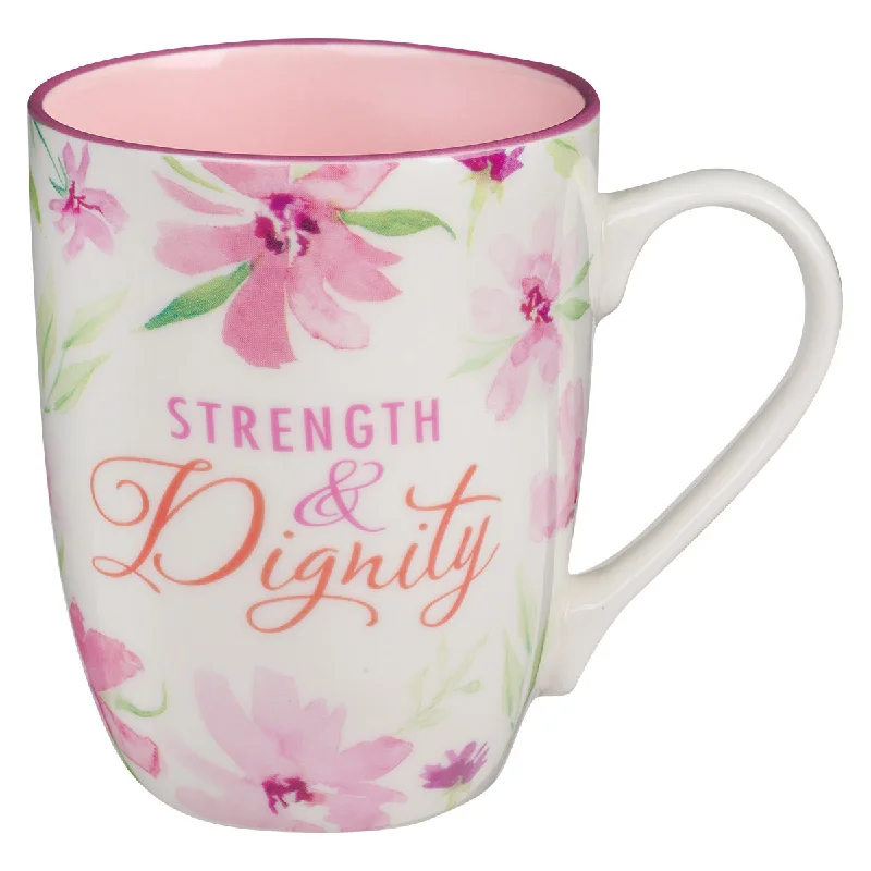 glass tea mugs with custom quotes -Strength And Dignity Floral Ceramic Mug With Pink Interior - Proverbs 31:25