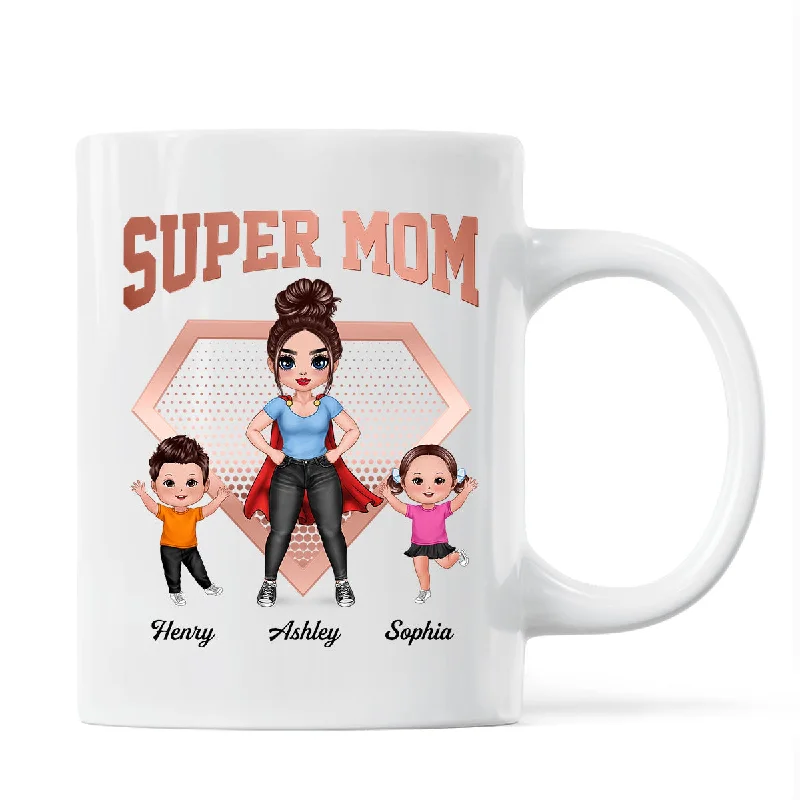 printed travel mugs for gifts -Super Mom Doll Mom & Doll Kids Personalized Mug