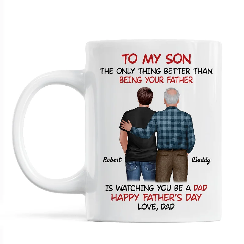 insulated travel mugs with handle -To My Son From Dad Happy Father‘s Day Back View Personalized Mug