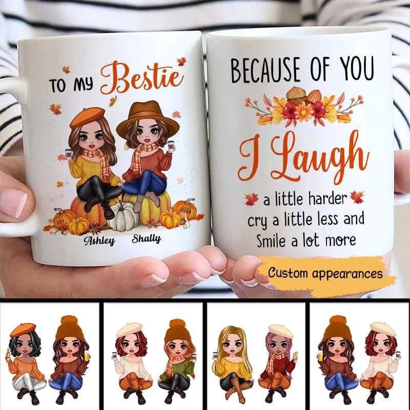 unique coffee tumblers for gifts -To My Bestie Doll Girls Sitting On Pumpkin Fall Season Best Friends Personalized Mug