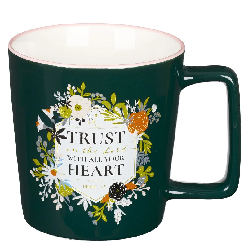 personalized glass mugs for gifts -Trust in the Lord with All Your Heart Black Ceramic Mug with Pink Rim