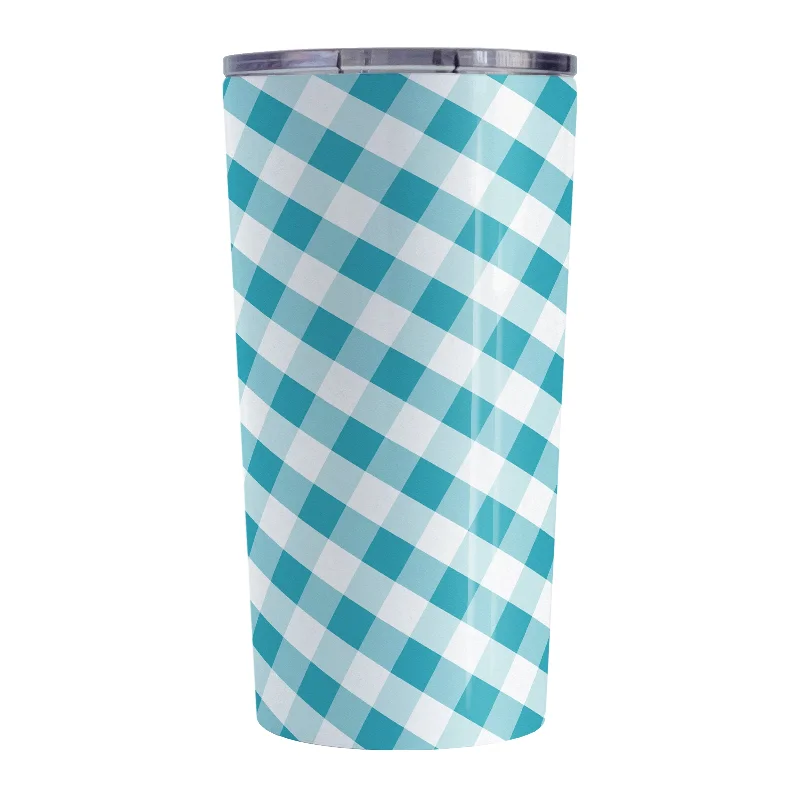 luxury coffee tumblers for gifts -Turquoise Gingham Tumbler Cup