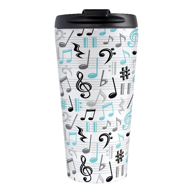 coffee cups with your favorite quote -Turquoise Music Notes Pattern Travel Mug