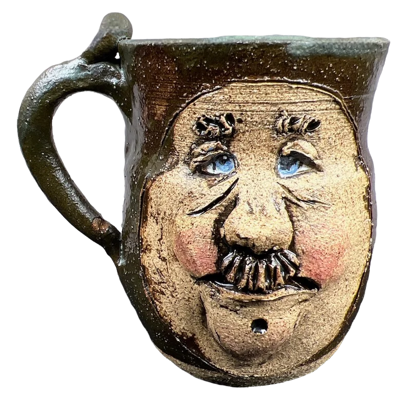 glass travel mugs with designs -Ugly Face Pottery 3D Man With Mustache And Blue Eyes Mug