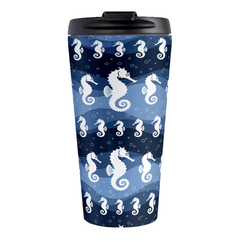 unique tea cups with designs -Wavy Blue Seahorse Travel Mug