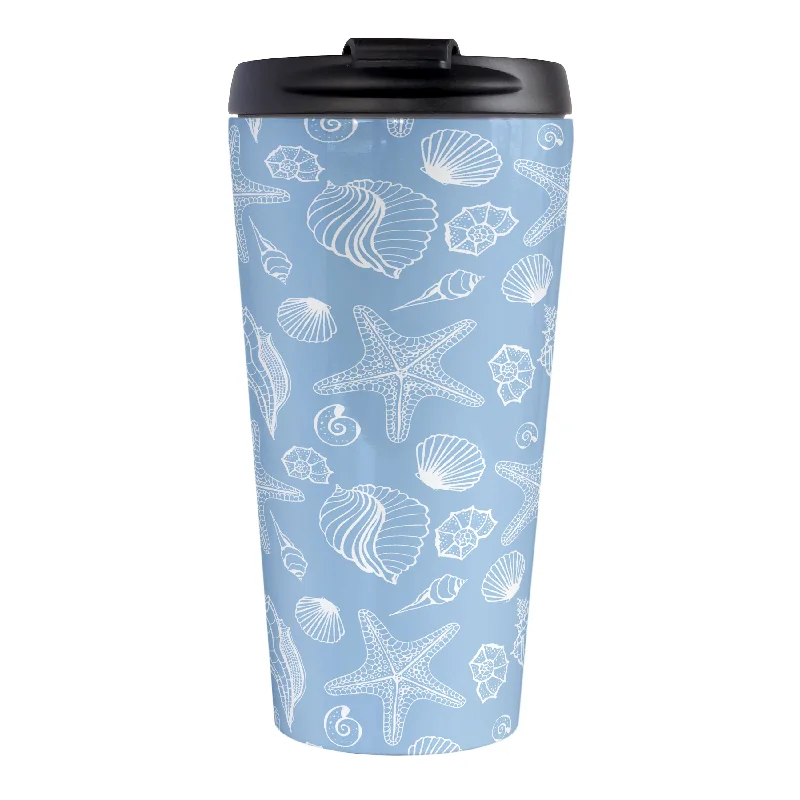 funny travel coffee cups -White Seashell Pattern Blue Beach Travel Mug