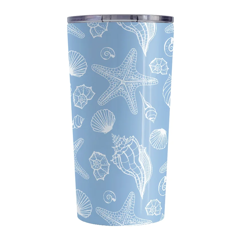 custom printed ceramic coffee mugs -White Seashell Pattern Blue Beach Tumbler Cup