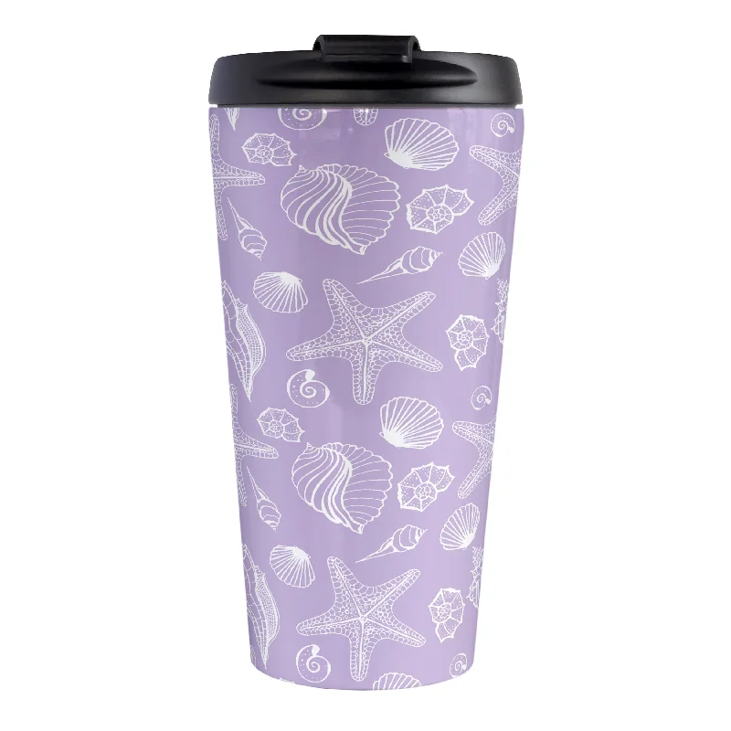 custom glass coffee cups -White Seashell Pattern Purple Beach Travel Mug