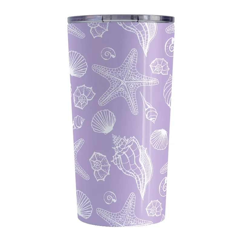 luxury tea mugs for gifts -White Seashell Pattern Purple Beach Tumbler Cup