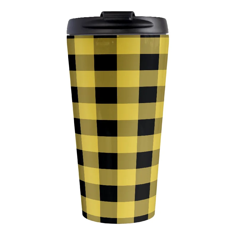 travel mugs with motivational quotes -Yellow and Black Buffalo Plaid Travel Mug