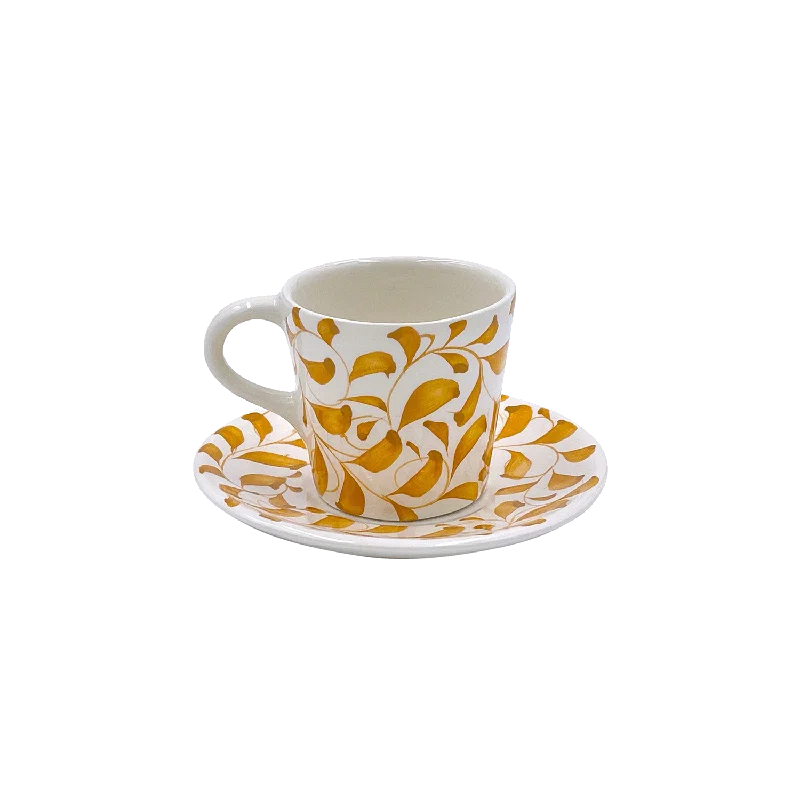 travel mugs with photos for gifts -Yellow Scroll Espresso Cup & Saucer