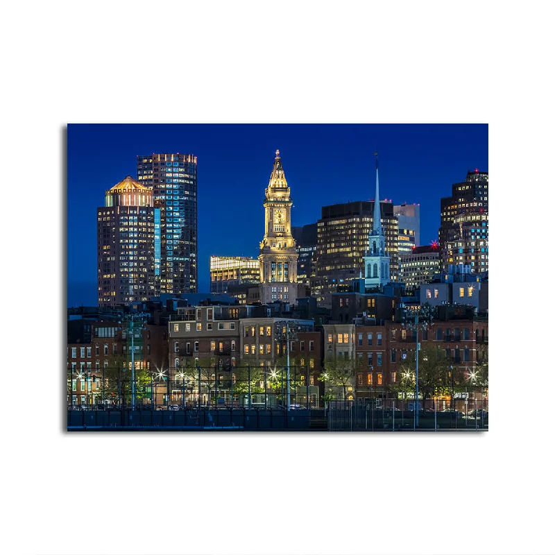 bold contemporary landscape paintings-Boston Evening Skyline of North End & Financial District