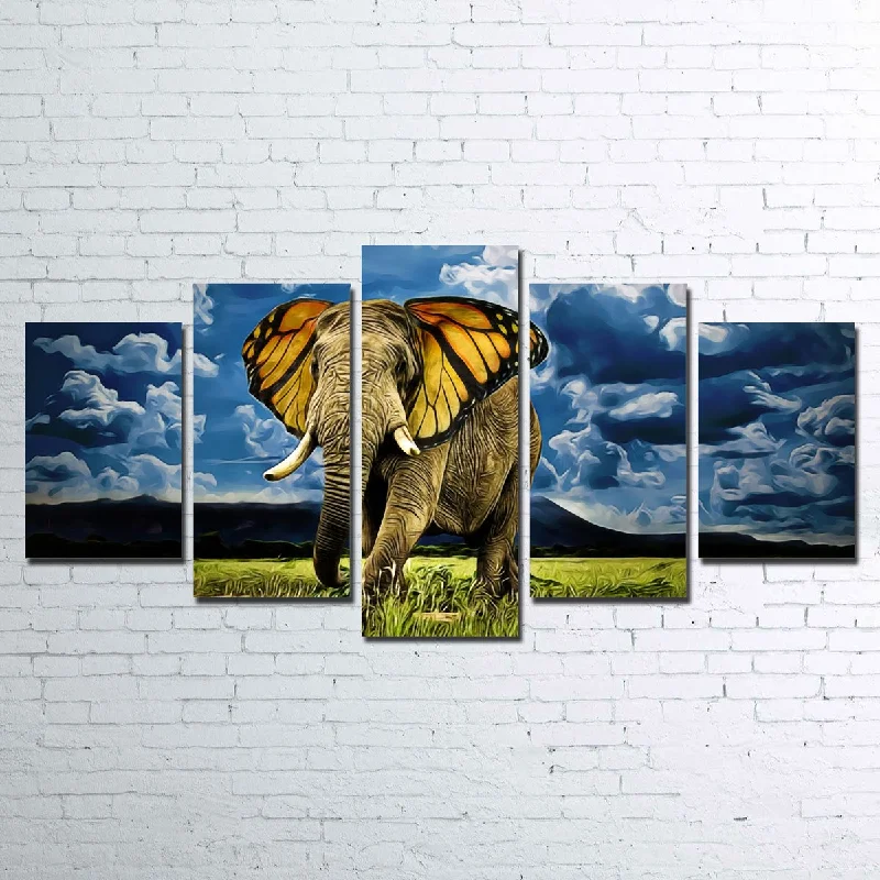 hand-painted floral wall paintings-Butterfly Elephant Canvas Set