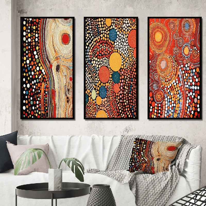 hand-painted animal-themed paintings-Designart "Aboriginal Circular Dot Amber Compositions V" Abstract Frame Gallery Wall Set Of 3 For Home Decor