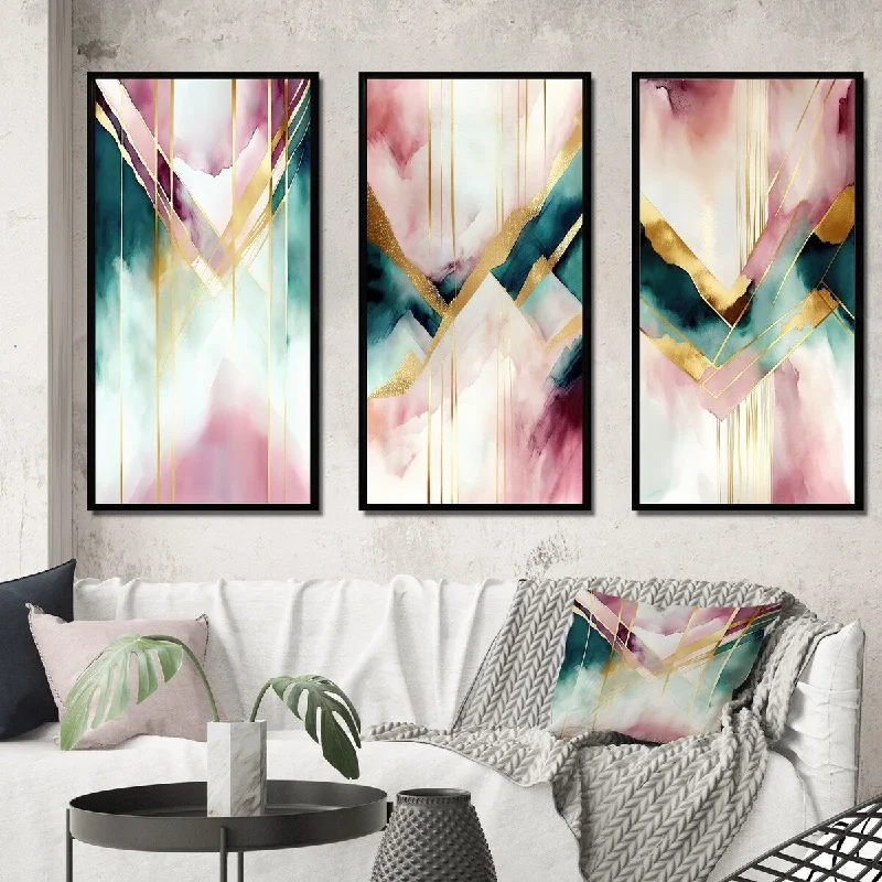 artistic ocean view decorative paintings-Designart "Abstract Geode Geometric Pink And Green I" Animals Framed Wall Art Set Of 3 - Modern For Home Decor