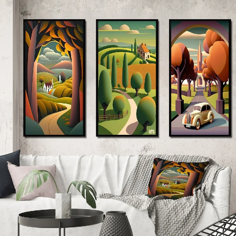 colorful tropical decorative paintings-Designart "Abstract Landscape Of Road To Rustic Mountains I" Abstract Landscape Frame Gallery Set Of 3 For Office Decor