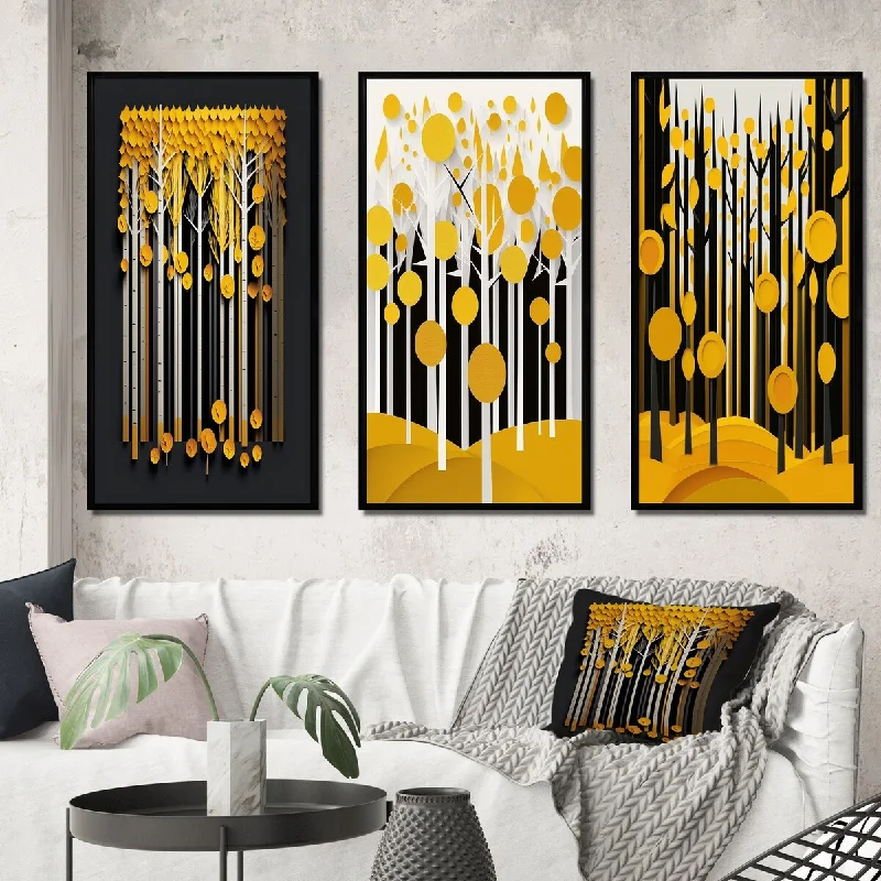 coastal wall art paintings-Designart "Abstract Yellow Forest Quill Minimalism I" Landscape Trees Frame Gallery Set Of 3 For Office Decor