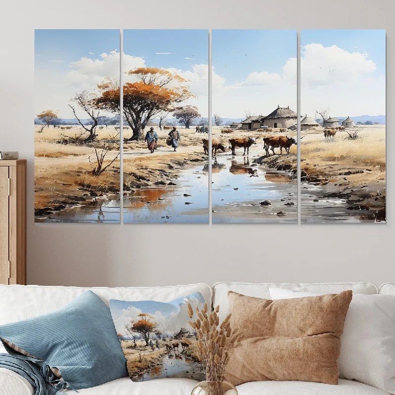 oversized colorful geometric paintings-Designart "Africa Dinka Cattle Camp II" African Tribal Canvas Set Of 4 - Oversized Global Art For Bedroom Decor