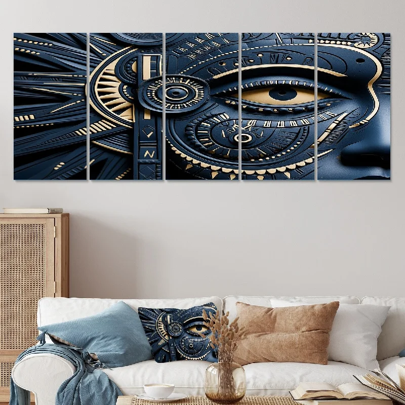 modern geometric flower paintings-Designart "African Tribal Mask Melody" Blue African Tribal Set Of 5 - Global Oversized Canvas Art For Bedroom Decor