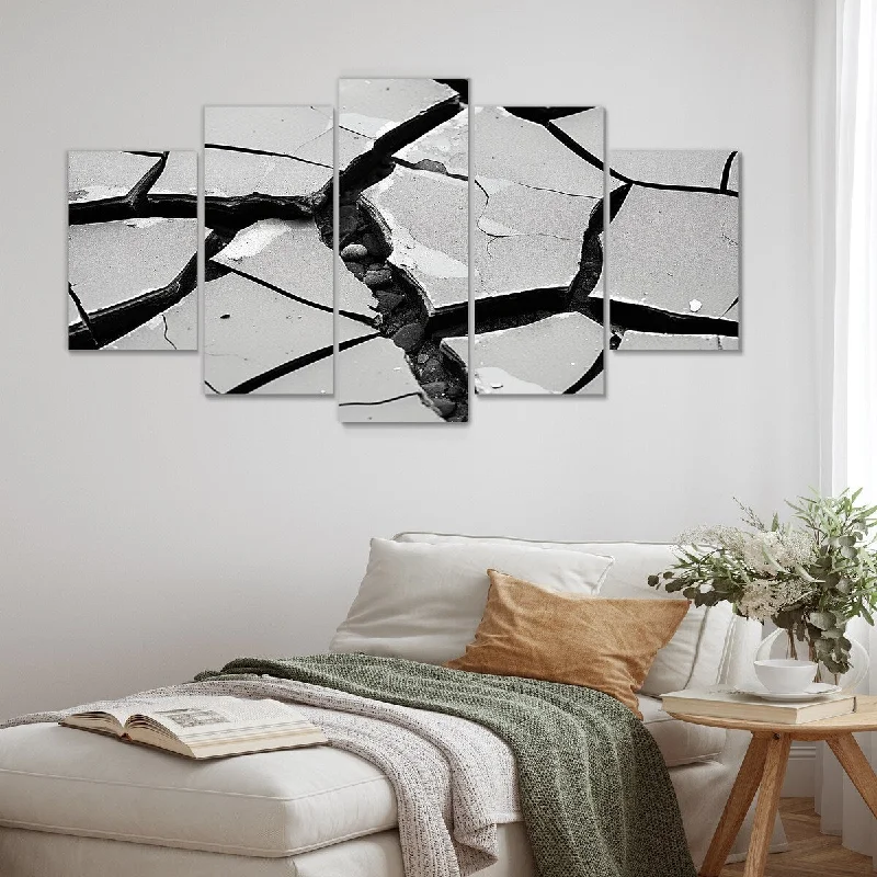 decorative paintings for bedroom walls-Designart "Black And White Soothing Cracks" Grey Abstract Collages Set Of 5 Modern Oversized Wall Art Decor For Hallway