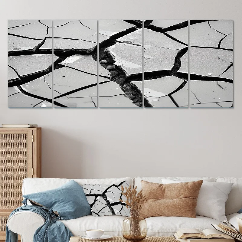 nature tropical landscape paintings-Designart "Black And White Soothing Cracks" Grey Abstract Collages Set Of 5 Modern Oversized Wall Art Decor For Hallway