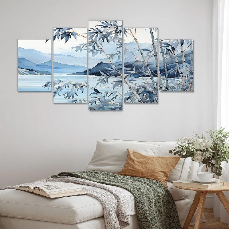 vintage nature wall art paintings-Designart "Blue Bamboo Tranquility I" Blue China Art Set Of 5 - Global Oversized Canvas Art For Bedroom Decor