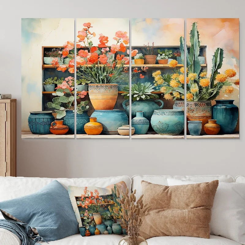 colorful retro floral decorative paintings-Designart "Blue Floral Watercolor Pottery I" Boho Pottery Extra Large Canvas Set Of 4 - Oversized Bohemian Wall Art