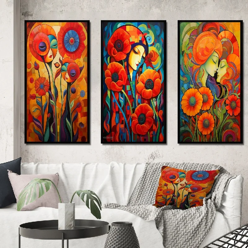 large canvas floral decorative paintings-Designart "Cat Portrait Blossoming Retro Red Poppies" Poppies Framed Wall Art Set Of 3 - Traditional For Office Decor