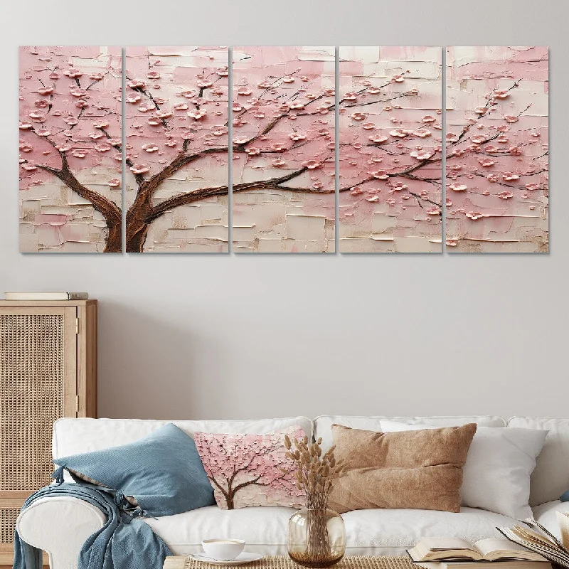 unique modern wall art paintings-Designart "Cherry Blossom Whisper Pink And White" Flowers Set Of 5 - Traditional Oversized Canvas Art For Bedroom Decor