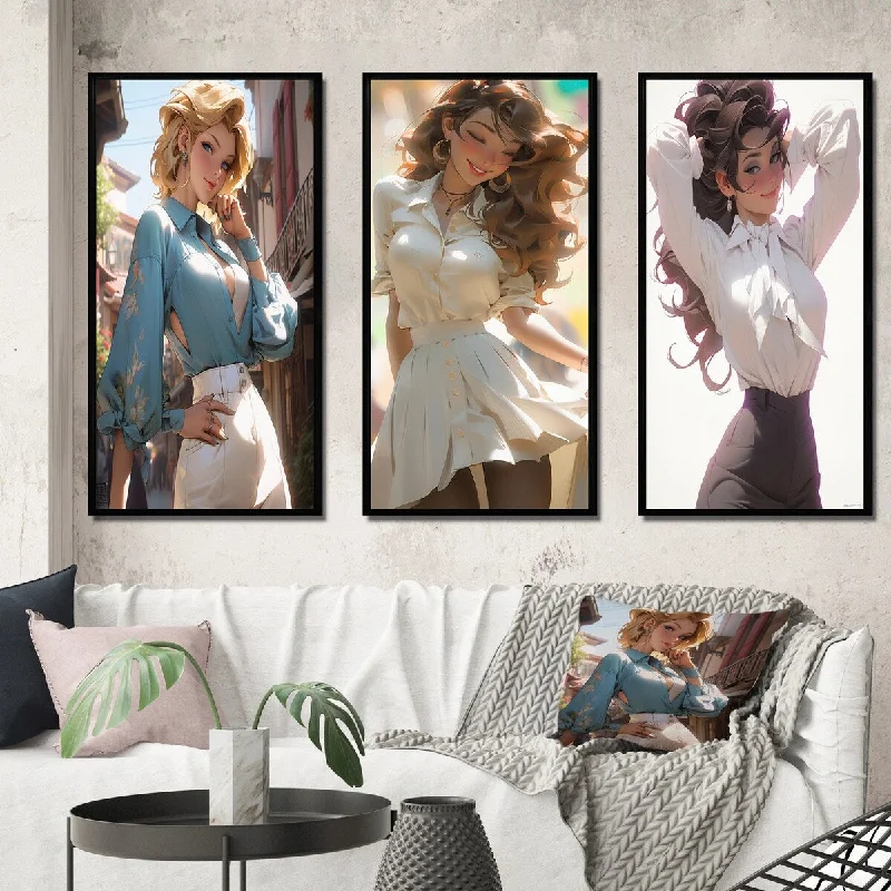 botanical nature wall art paintings-Designart "Elegant Paris Woman In White III" Fashion Woman Framed Wall Art Set Of 3 - Glam Gallery Set For Office Decor