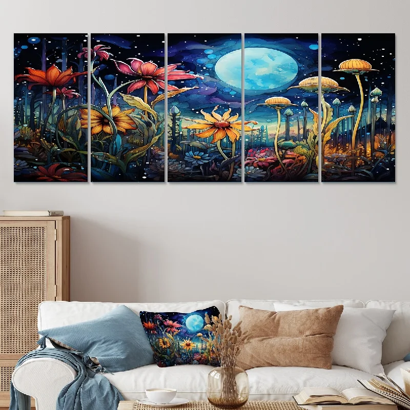 bold black and white decorative paintings-Designart "Fantasy Mushroom Forest Dream II" Abstract Landscapes Set Of 5 Modern Oversized Canvas Art For Bedroom Decor