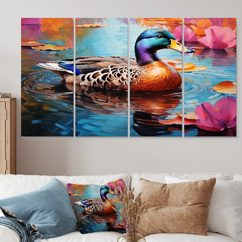 hand-painted tropical paintings-Designart "Fauvist Duck Pond III" Duck Extra Large Canvas Set Of 4 - Oversized Modern Farmhouse Wall Art For Home Decor