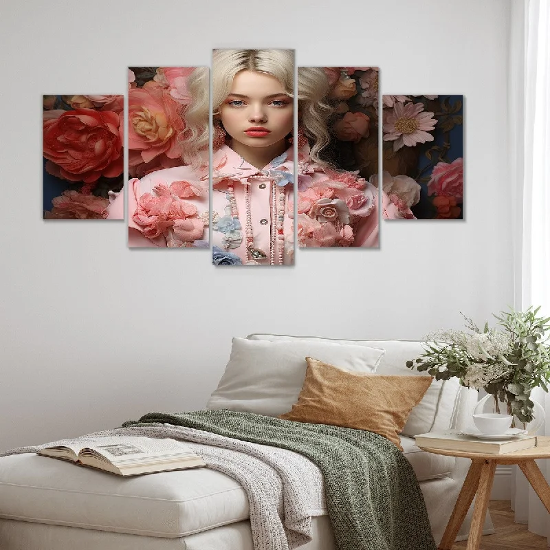 vibrant abstract botanical wall paintings-Designart "Floral Fashion Pink Woman Portrait" Pink Fashion Set Of 5 - Glam Oversized Canvas Art For Bedroom Decor