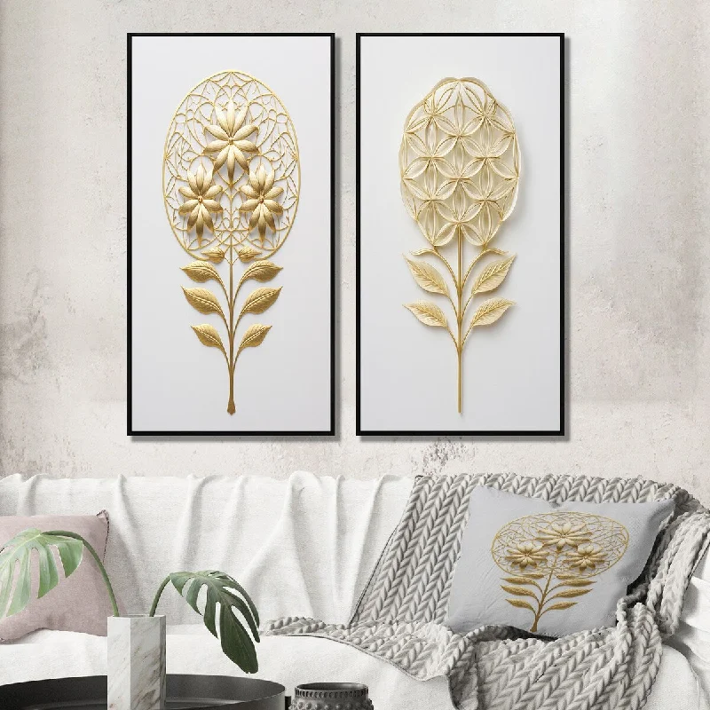 vibrant geometric canvas paintings-Designart "Flower Of Life Golden Elegance" Abstract Botanicals Wall Art Décor - Modern Wall Art Set Of 2