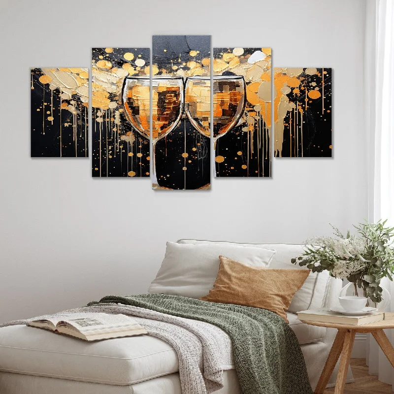 luxury wall art decorative paintings-Designart "Gold And Black Champagne Essence" Champagne Set Of 5 - Traditional Oversized Canvas Art For Bedroom Decor