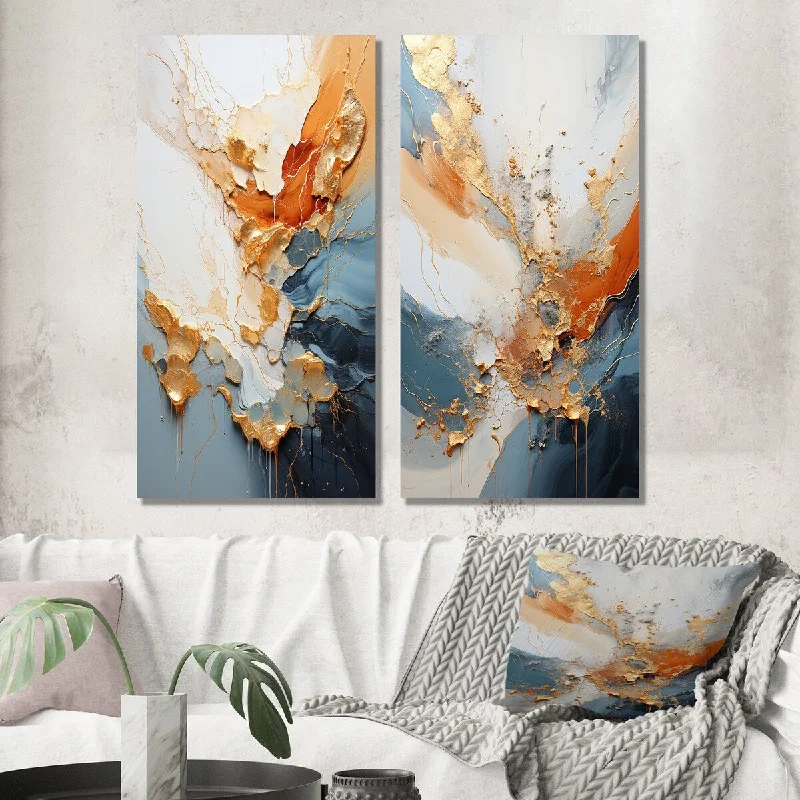 colorful tropical cityscape paintings-Designart "Golden Sunrisre Abstract Gold And Nova Blue II" Abstract Wall Art Set of 2 - Modern For Living Room Decor