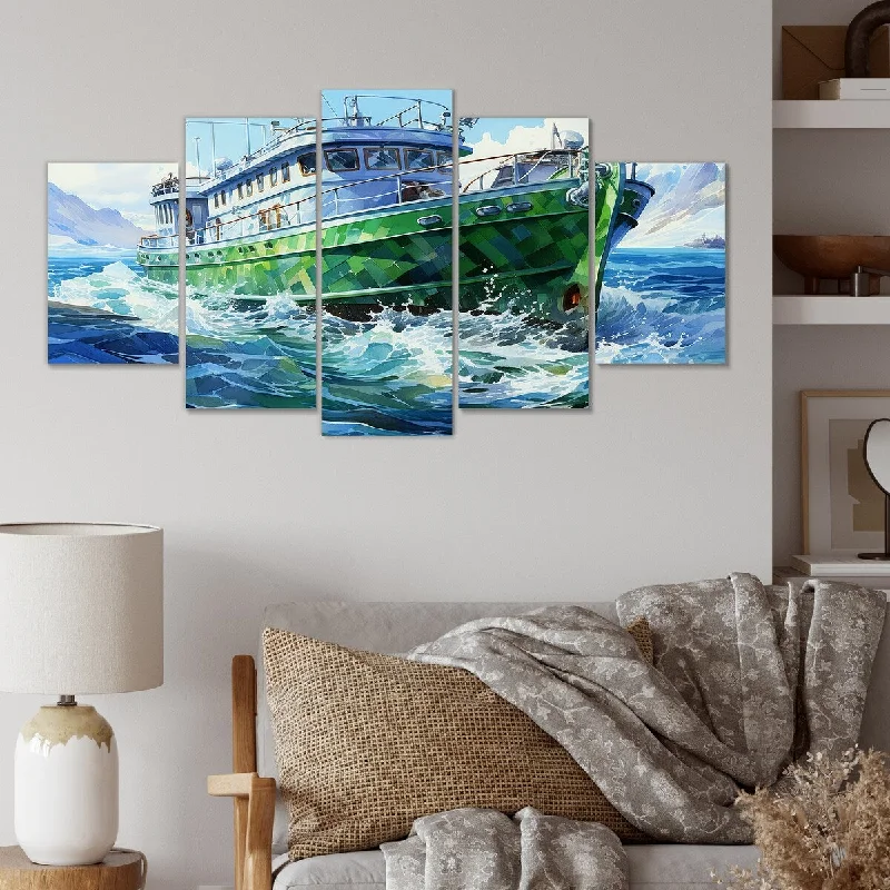 scenic landscape decorative paintings-Designart "Green Cubist Cruise Voyage" Green Coastal Boat Set Of 5 - Coastal Oversized Wall Decor Art For Living Room