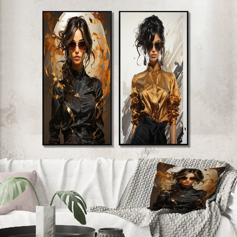 artistic wall decor canvas paintings-Designart "High Fashion Model In Black And Gold I" Fashion Woman Wall Art Décor - Glam Gallery Wall Set For Home Decor