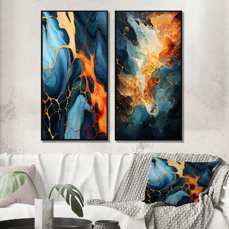 floral ocean-themed decorative paintings-Designart "Lava Marble Art Liquid Orange And Blue I" Abstract Painting Framed Wall Art For Bedroom Wall Art Set Of 2