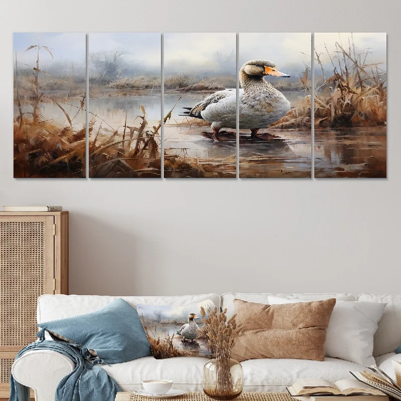 rustic wall decorative paintings-Designart "Misty Marsh Duck II" Grey Duck Set Of 5 - Modern Farmhouse Oversized Canvas Art Print For Home Decor