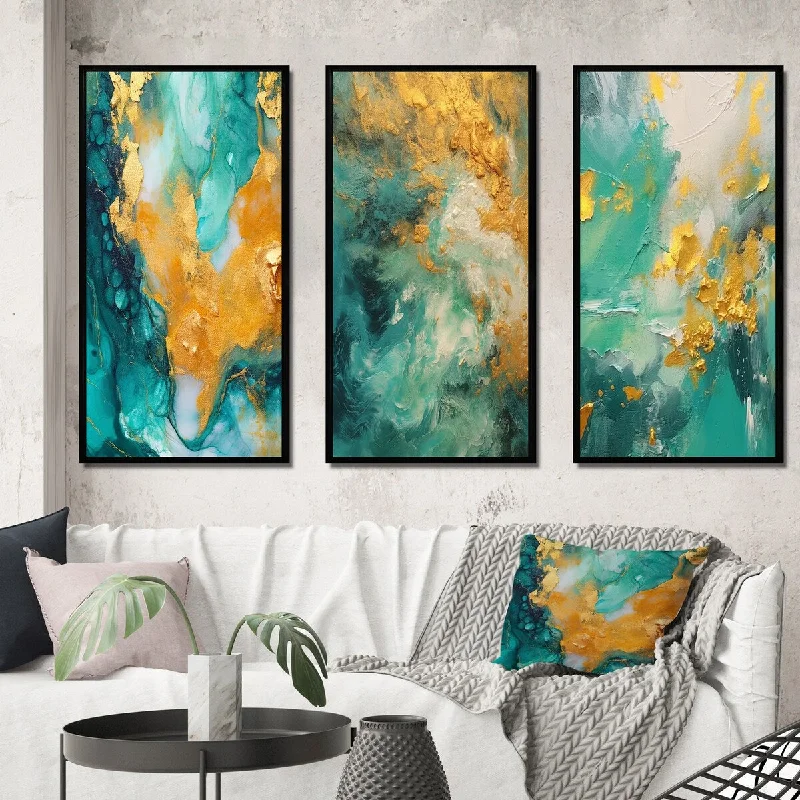 luxury floral abstract paintings-Designart "Morning Bliss Gold And Teal Marble Art Gold III" Abstract Painting Frame Gallery Wall Set Of 3 For Home Decor