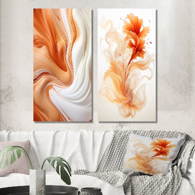 colorful nature art wall paintings-Designart "Orange And White Paint Waves" Abstract Liquid Ink Wall Art Set of 2 - Modern Wall Art For Living Room Decor