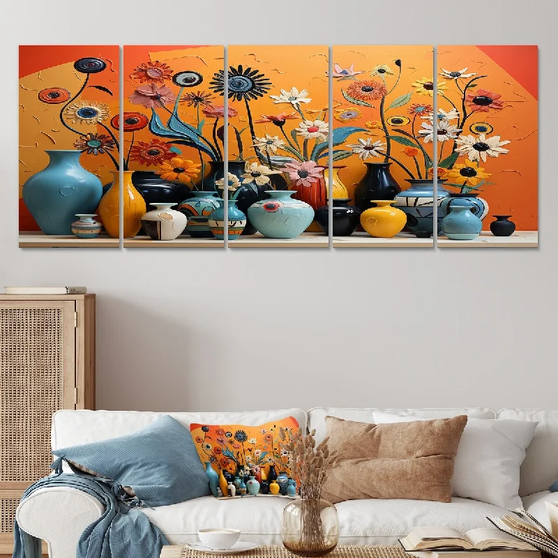 geometric modern art wall paintings-Designart "Orange Boho Pottery Expressions II" Boho Pottery Set Of 5 - Bohemian Oversized Wall Decor Art For Living Room