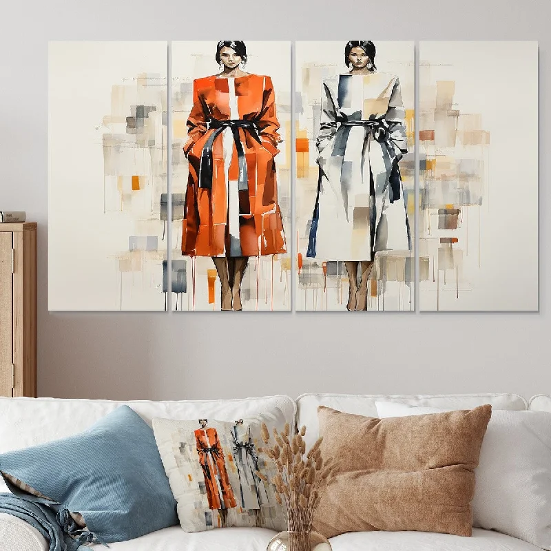 botanical vintage decorative paintings-Designart "Orange Chic Fashion Girls Elegance" Fashion Extra Large Canvas Set Of 4 - Oversized Glam Wall Art