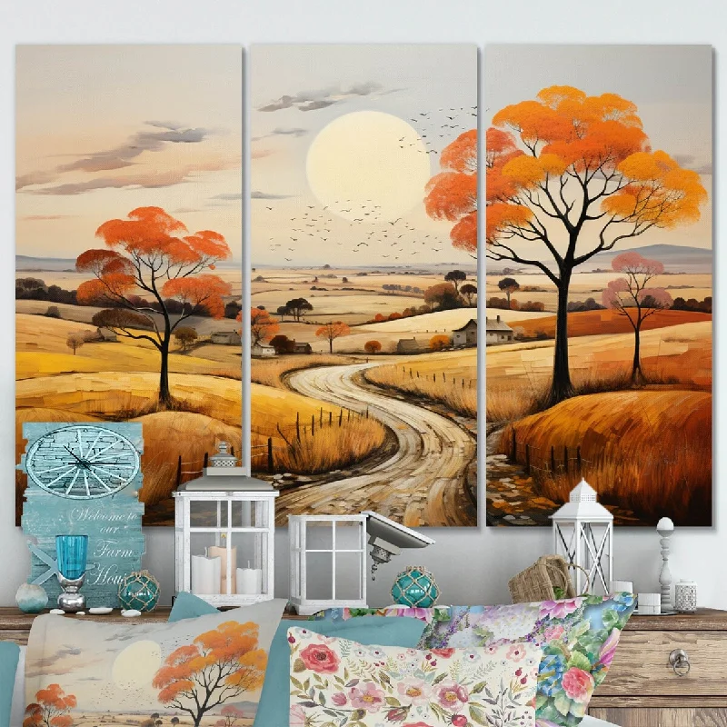 nature-inspired canvas wall art paintings-Designart "Orange Farm Autumn Landscape III" Landscapes Wall Art Print Set