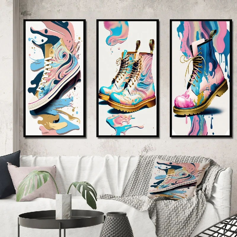 large beach abstract wall paintings-Designart "Pink And Blue Art Deco Sneaker Shoe" Fashion Framed Wall Art Set Of 3 Glam Frame Gallery Set For Office Decor