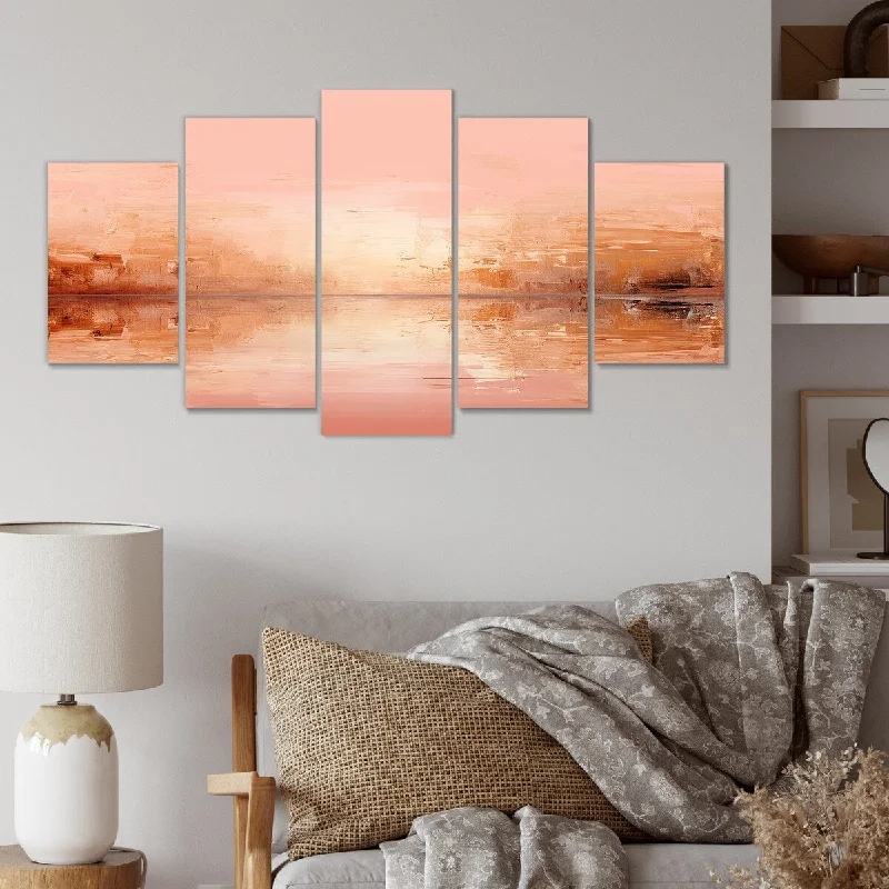 coastal nature-themed canvas paintings-Designart "Pink And Golden Evening Glow Sunset" Coastal Sunset Set Of 5 - Coastal Oversized Wall Art Decor For Hallway