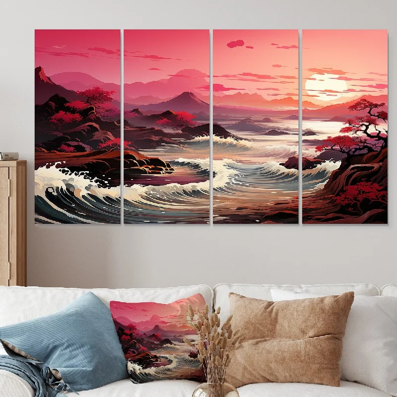 floral ocean-themed decorative paintings-Designart "Pink And Yellow Magical Mystic Dusk II" Coastal Sunset Extra Large Canvas Set Of 4 Oversized Coastal Wall Art