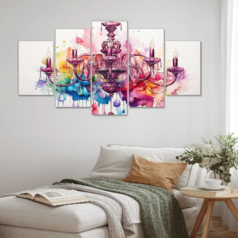 large modern art decorative paintings-Designart "Pink Baroque Luminary Chandelier Brilliance IV" Chandelier Set Of 5 Oversized Wall Decor Art For Living Room