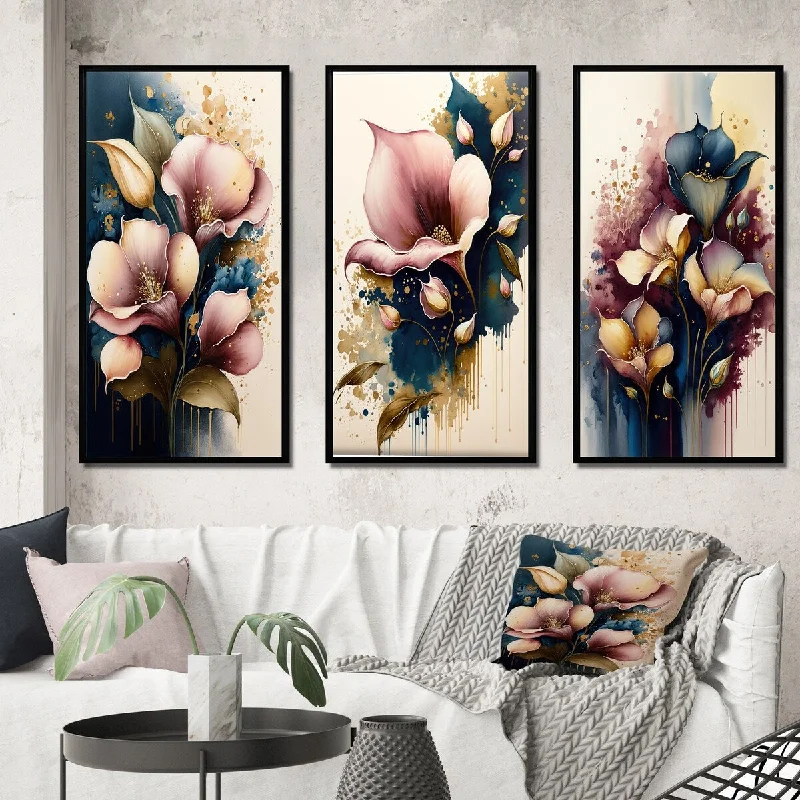 modern retro cityscape decorative paintings-Designart "Pink Blooming Cally Lillies II" Floral & Botanical Framed Wall Art Set Of 3 - Traditional For Office Decor